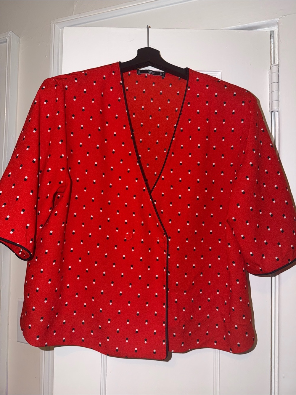 Mango Red Polka Dot V-Neck Blouse with Black Trim